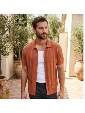 Aeropostale Men's Short Sleeve Knit Button Up Polo Cardigan Sweater Rust Orange